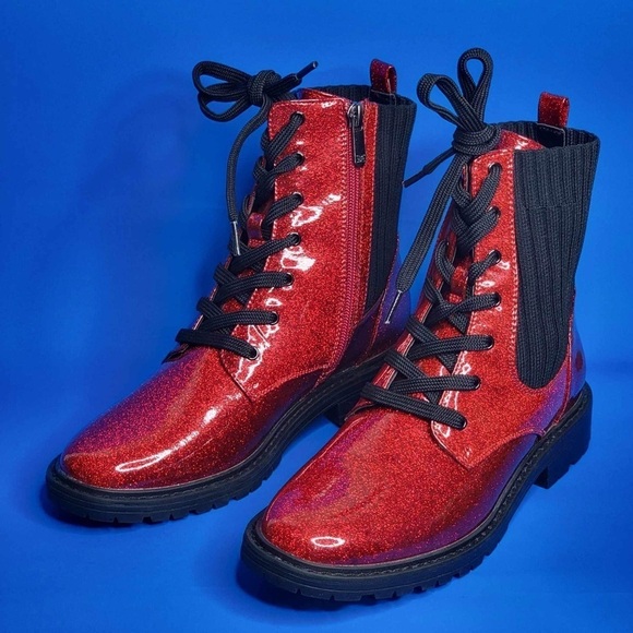 NEW Sam Edelman Lydell Girls Combat Boots Lace Up Ruby Red Glitter - Picture 2 of 7